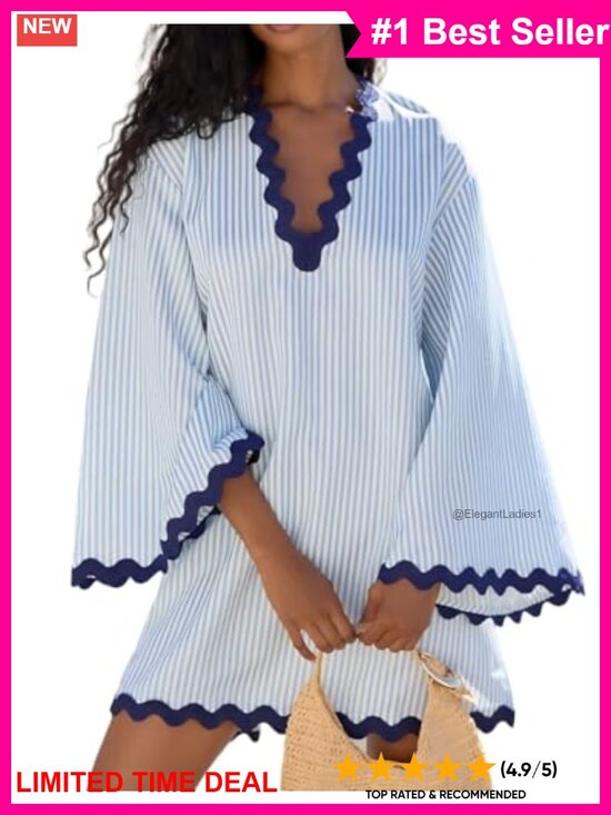 Dresses & Skirts - VAOYIU Boho Striped V Neck Flare Sleeve Mini Dress Wavy Trim Beach Coverup